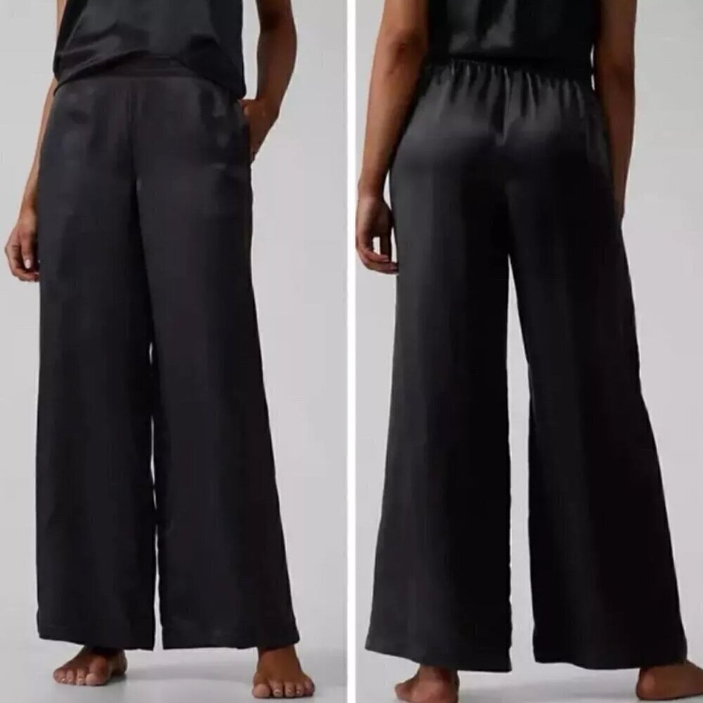 ATHLETA Calm Cool Pant Black SOFT Satin Wide Leg Elastic Waist Lounge Pant RT$99